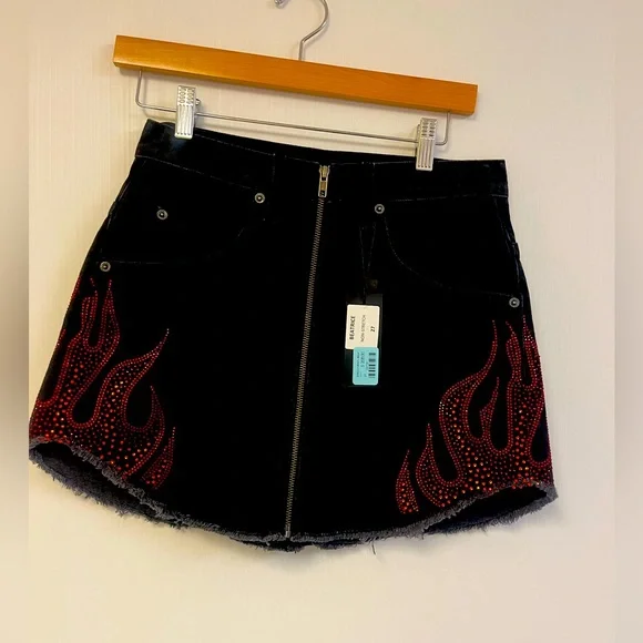 Carmar black denim Beatrice skirt with rhinestone flames Size 27 Goth, Grunge, - Picture 1 of 8